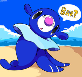 ambiguous_gender beach black_eyes blue_body cloud feral looking_at_viewer markings open_mouth question_mark sea sky solo speech_bubble tail tongue water whisker_markings sleepy_sealion nintendo pokemon generation_7_pokemon pokemon_(species) popplio 2025 absurd_res dated hi_res signature
