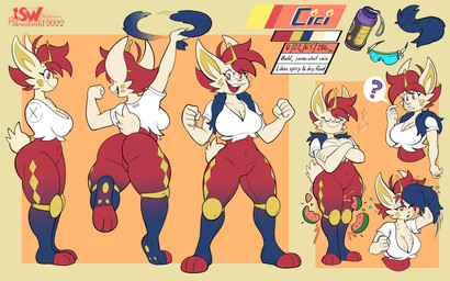 anthro athletic bodily_fluids breasts cleavage clothed clothing crush crushed_object crushed_watermelon eyes_closed female food fruit melon plant question_mark shirt smile solo sweat t-shirt thigh_crush topwear watermelon skwrlwrld nintendo pokemon cici_(skwrlwrld) cinderace generation_8_pokemon lagomorph leporid mammal pokemon_(species) 16:10 absurd_res hi_res model_sheet widescreen