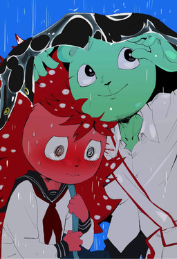 anthro blush clothed clothing duo embarrassed fur green_body green_fur happy male raining red_body red_fur shy smile wet toboki happy_tree_friends flaky_(htf) flippy_(htf) mammal porcupine rodent hi_res