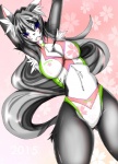 anthro candy clothing dessert fangs female food fur grey_body grey_fur grey_hair hair half-closed_eyes kemono looking_at_viewer narrowed_eyes panties purple_eyes simple_background solo teeth underwear whiskers sakuyako_kyora domestic_cat felid feline felis mammal