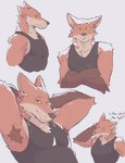 anthro armpit_hair asking_self black_clothing black_shirt black_tank_top black_topwear body_hair clothing crossed_arms dialogue flexing gloves_(marking) markings shirt simple_background smile solo talking_to_self tank_top text topwear white_background yellow_sclera jephhh canid canine fox mammal red_fox true_fox handwritten_text hi_res