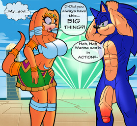 accessory anthro armlet bangle big_breasts big_penis breasts circlet clothed clothing dialogue duo ear_piercing ear_ring female furgonomics genitals half-erect huge_breasts huge_penis humanoid_genitalia humanoid_penis jewelry male mostly_nude muscular penis piercing ring ring_piercing tail tail_accessory tail_jewelry tail_ring text canastus superbunnygt sega sonic_adventure sonic_the_hedgehog_(series) sonic_the_hedgehog tikal_the_echidna echidna eulipotyphlan hedgehog mammal monotreme digital_media_(artwork) english_text hi_res