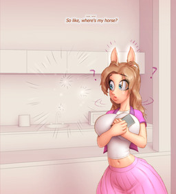 big_breasts bimbofied blonde_hair blue_eyes bottomwear breasts button_nose careful_what_you_wish_for clothing confusion crop_top demi_transformation dialogue ear_expansion ear_transformation expansion female hair hand_on_breast holding_device holding_object horse_ears intelligence_loss jacket kitchen kitchen_sink lips looking_around mid_transformation midriff misunderstanding monkey_paw navel oblivious pink_bottomwear pink_clothing pink_jacket pink_skirt pink_topwear question_mark reality_shift shirt skirt solo species_transformation talking_to_self text thick_bottom_lip topwear transformation transformation_through_technology turning_around unaware_transformation white_clothing white_crop_top white_topwear wish_twisting writing_into_reality bendzz animal_humanoid equid equid_humanoid equine equine_humanoid horse horse_humanoid humanoid mammal mammal_humanoid english_text hi_res