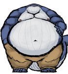 anthro belly big_belly blue_body cetacean clothed clothing comerboy75 eoghan_ocinneide_(comerboy75) hand_on_belly hi_res male mammal marine moobs musclegut muscular muscular_anthro muscular_male navel nipples obese obese_anthro obese_male overweight overweight_anthro overweight_male simple_background solo topless whale