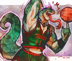 anthro ball basketball_(ball) basketball_uniform bodily_fluids bottomwear clothing collar facial_piercing forked_tongue green_body green_scales hand_behind_head head_spikes long_tongue male neck_piercing nose_piercing nose_ring open_mouth piercing purple_spikes raised_arm ring_piercing saliva saliva_on_tongue saliva_string scales sharp_teeth shirt shorts solo spikes spikes_(anatomy) spinning_ball sportswear sweat tail tank_top teeth text tongue tongue_out tongue_piercing topwear uniform yellow_sclera ezi_zeke goat_(movie) sony_corporation sony_pictures under_armour modo_olachenko komodo_dragon lizard monitor_lizard reptile scalie artist_name digital_media_(artwork) hi_res
