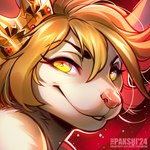 ambiguous_gender anthro blonde_hair crown glowing glowing_eyes hair headgear particles royalty solo text turning_around thepakshi fin_la_fleur mammal mouse murid murine rodent 1:1 icon portrait url