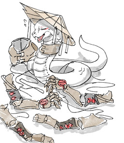 artificial_arm artificial_leg clothing eyes_closed fangs feral hat headgear headwear open_mouth prosthetic prosthetic_arm prosthetic_leg prosthetic_limb scales sharp_teeth simple_background solo teeth white_background white_body white_scales ao_gravity chinese_zodiac year_of_the_snake reptile scalie snake 2025 colored hi_res