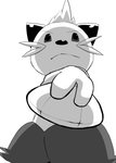 3_fingers fingers frown fur holding_object looking_at_viewer low-angle_view scalchop seashell shell simple_background solo whiskers white_background hisashino nintendo pokemon dewott generation_5_pokemon pokemon_(species) greyscale hi_res monochrome