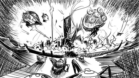 aircraft airship ambiguous_gender battle building bullet_hole city crawling destroyed_building destruction explosion fire flying group landscape propeller shooting skyscraper spider_tank tower vehicle wall_(structure) dragonweirdo 16:9 comic hi_res monochrome widescreen