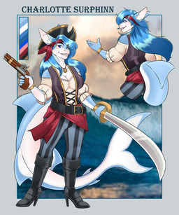accessory anthro belt big_tail black_boots black_clothing black_footwear blue_body blue_bottomwear blue_clothing blue_eyes blue_hair blue_pants blue_scales blunderbuss boots bottomwear breasts clothing cutlass female footwear hair headband high_heeled_boots high_heels huge_tail kerchief medium_breasts melee_weapon non-mammal_breasts non-mammal_ears non-mammal_hair pants pirate pirate_hat red_headband scales shoes solo sun_necklace sword tail weapon white_blouse white_body lunar-haven-studios charlotte_surphinn_(chrislshack1998) aquatic fish shark 5:6 absurd_res hi_res model_sheet