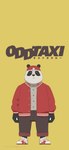 anthro biped black_body black_nose bottomwear clothing hat headgear headwear humanoid_hands male pants shirt simple_background solo text topwear white_body yellow_background mugicaan1 odd_taxi fukumoto_(odd_taxi) bear giant_panda mammal 2021 absurd_res hi_res japanese_text official_art