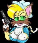 anthro big_breasts big_ears blonde_hair breasts cleavage clothed clothing cowboy_hat female fur green_eyes gun hair hat headgear headwear looking_at_viewer open_mouth ranged_weapon redneck smile solo southern weapon yellow_body yellow_fur froggywithfries dixie_mae_carlisle_(character) bobcat felid feline lynx mammal 2018 alpha_channel hi_res