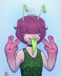 ambiguous_gender antennae_(anatomy) big_hands blue_background clothing female green_antennae green_clothing green_tongue hair hair_over_eyes long_tongue pink_body pink_hair short_hair simple_background slim solo tongue angie_imagines fan_character alien alien_humanoid humanoid absurd_res hi_res