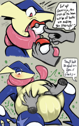 abdominal_bulge belly belly_rub big_belly blush bodily_fluids digestion digestion_noises dripping duo feeding forced hand_on_belly long_tongue object_vore oral_vore penetration pokeball pokeball_in_mouth pokeball_insertion pokeball_vore prey_imprint rumbling_stomach saliva saliva_drip text tongue trainer vore arkailart nintendo pokemon pokemon_trainer amphibian frog generation_6_pokemon greninja human mammal pokemon_(species) absurd_res english_text hi_res sequence