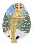 2023 anthro black_spots breasts clothed clothing cookie digital_media_(artwork) felid feline female food fully_clothed fur green_eyes hi_res holding_plate inner_ear_fluff leg_warmers legwear looking_at_viewer mammal markings open_mouth open_smile outside plant smile snow snowing solo spots spotted_body spotted_fur tabitha_(crash2draw) tree tuft yellow_body yellow_fur yshanii