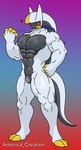 anthro drone dronification latex male muscular muscular_anthro muscular_male null_bulge red_eyes simple_background solo tail text arceus_tummy nintendo pokemon arceus generation_4_pokemon legendary_pokemon living_latex pokemon_(species) absurd_res hi_res