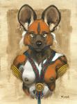 2017 african_wild_dog anthro big_ears black_nose blonde_hair breasts canid canine casual_nudity clothed clothing ear_piercing female hair jewelry looking_at_viewer lycaon_(utunu) mammal necklace nipples nude piercing portrait scale_(artist) shell small_breasts smile solo topless traditional_media_(artwork) tribal whiskers yellow_eyes