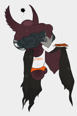 ambiguous_gender body_horror bone clothing flesh floating genitals hooters_uniform magic not_furry plate sack shirt simple_background solo tank_top text text_on_clothing text_on_shirt text_on_tank_top text_on_topwear topwear wings thedivinetemple hooters fthanggalsielazaod_(himeros) eldritch_abomination monster english_text hi_res
