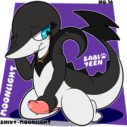 anthro black_body blush bodily_fluids collar erection genital_fluids genitals hand_on_face hand_on_penis kneeling looking_down male masturbation penis precum raised_tail seductive shy simple_background smile solo tail text white_body woofington_gator nintendo pokemon moonlight_(snivy) generation_5_pokemon pokemon_(species) snivy 1:1 digital_media_(artwork) hi_res nonbinary_(lore)