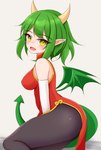 asian_clothing black_clothing black_legwear black_pantyhose blush blush_lines breasts butt chinese_clothing chinese_dress clothed clothing dragon_tail dragon_wings dress east_asian_clothing female green_eyes green_hair hair horn humanoid_pointy_ears legwear looking_at_viewer open_mouth pantyhose pointy_ears reptile_tail simple_background sitting solo tail white_background wings ayatori draco_centauros humanoid 2024 digital_media_(artwork) hi_res