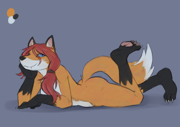 anthro black_markings blue_eyes claws color_swatch female fox_ears fox_tail fur hair leg_markings looking_at_viewer lying markings multicolored_body nude nude_anthro nude_female on_front orange_body orange_fur pawpads red_hair simple_background smile socks_(marking) solo tail white_body white_fur sealer4258 rana_(sealer4258) canid canine fox mammal red_fox true_fox digital_media_(artwork) hi_res