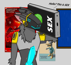 4_ears anthro bodily_fluids dripping erection genital_fluids genitals greeting humor knot knotted_penis leaking_precum machine male multi_ear penis phone_call precum precum_drip solo text d0ne new_blood_interactive ultrakill protogen english_text