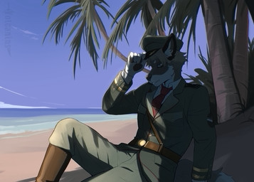 anthro beach belt black_nose blonde_hair blue_eyes boots bottomwear cheek_tuft clothed clothing day facial_tuft female female_anthro footwear fully_clothed hair hat headgear headwear holding_clothing holding_hat holding_headgear holding_headwear holding_object inner_ear_fluff jackboots military_uniform necktie on_ground outside palm_tree pants pawpads plant sand shirt shoes short_hair sitting sitting_on_ground sky solo suit_jacket tie_bar topwear tree tropical tuft uniform volcanins henrika_kremers canid canine canis domestic_dog mammal hi_res