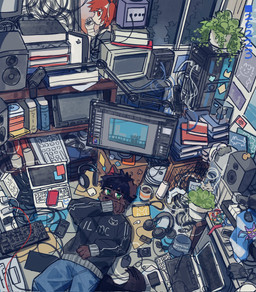 4_fingers album_redraw anthro beverage black_hair book bottomwear brown_body brown_ears brown_fur cable camera cellphone charging_cable clothed clothing computer computer_monitor computer_mouse container cup denim denim_bottomwear denim_clothing drawing_pen drawing_tablet ear_piercing electronics eyebrows eyewear fingers flag fur glasses green_eyes hair hat headgear headphones headwear inside jeans laptop looking_at_viewer lying microphone on_back one_ear_up outlet pants phone piercing plant plant_pot poster smartphone solo speaker tail television text topwear wearing_glasses window ganezu gamecube i_love_my_computer ninajirachi nintendo playstation playstation_5 sony_corporation sony_interactive_entertainment 2026 album_cover cover digital_media_(artwork) english_text hi_res