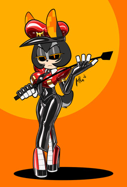 anthro big_breasts black_hair black_latex black_sclera boots breasts clothed clothed_anthro clothed_female clothing female footwear fur grey_body grey_fur hair high_heeled_boots high_heels latex latex_boots latex_clothing latex_footwear latex_uniform looking_at_viewer orange_eyes red_latex riding_crop shoes solo tail uniform wearing_hat whip lettuce_(artist) lagomorph leporid mammal rabbit 2026 absurd_res hi_res