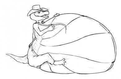 after_vore anthro belly big_belly clothing duo hat headgear headwear huge_belly male overweight simple_background sitting vore white_background saphiros alligator alligatorid crocodilian reptile scalie 2014 monochrome