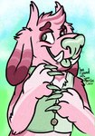 ambiguous_gender anthro big_claws claws clothing fangs floppy_ears fur green_claws green_clothing green_eyes green_nose green_tongue green_topwear green_vest handpaw head_tuft lop_ears paws pink_body pink_fur simple_background smile solo teeth text tongue topwear tuft underbite vest matrices_(artist) canid canine canis domestic_dog mammal monster 2016 digital_drawing_(artwork) digital_media_(artwork) flat_colors half-length_portrait portrait signature url