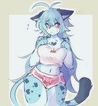 anthro blue_body blue_fur blush bottomwear breasts clothed clothing dolphin_shorts female fur hair shorts simple_background solo topwear furbait_(artist) domestic_cat felid feline felis mammal absurd_res digital_media_(artwork) hi_res portrait three-quarter_portrait