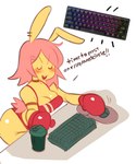 accessory bottomwear boxing_gloves breasts cleavage clothed clothing computer_keyboard computer_mouse container cup dialogue ear_piercing eyes_closed female female_humanoid glistening glistening_body gloves hair hair_accessory hairclip handwear long_ears mousepad narrowed_eyes noseless open_mouth piercing pink_hair pink_tail rabbit_ears red_bottomwear red_boxing_gloves red_clothing red_gloves red_handwear red_topwear simple_background solo tail teeth text topwear white_background yellow_body yellow_skin mochabaebae reddit tebu_(mochabaebae) animal_humanoid humanoid lagomorph lagomorph_humanoid leporid_humanoid mammal mammal_humanoid rabbit_humanoid 2023 digital_drawing_(artwork) digital_media_(artwork) english_text handwritten_text hi_res