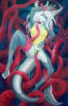 anthro breasts clothed clothing collar exposure_variation eyes_closed female fish hair hi_res jaizub marine non-mammal_breasts open_mouth panties shark shirt solo spread_legs spreading teeth tentacles thick_thighs tongue topwear underwear white_hair
