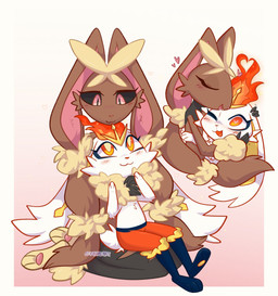 :3 ambiguous_gender anthro black_sclera blush blush_lines brown_body brown_fur buckteeth duo eye_contact eyelashes eyes_closed female female/female fire flaming_hair fur gradient_background heart_eyes heart_symbol hug kneeling looking_at_another love one_eye_closed open_mouth orange_eyes pawpads paws pink_eyes pseudo_hair simple_background size_difference tail teeth tongue white_body white_fur yellow_body yellow_fur kazunekomori nintendo pokemon generation_6_pokemon generation_8_pokemon gigantamax_cinderace gigantamax_pokemon lagomorph mammal mega_evolution mega_lopunny pokemon_(species) 2026 hi_res signature female_(lore)
