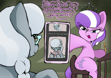 ai_generated_media_(subject) angry blue_eyes braided_mane cellphone chair classroom crown cutie_mark desk duo eating electronics eyebrows eyelashes eyewear female feral fur furniture glasses grey_body grey_fur headgear highlights_(coloring) holding_cellphone holding_object holding_pen holding_phone holding_smartphone humor inside looking_at_another mane on_chair open_mouth parody pen phone pink_body pink_fur purple_mane quadruped school sitting sitting_on_chair smartphone table teeth text tiara wearing_glasses white_highlights white_mane white_sclera young young_female young_feral zekn friendship_is_magic hasbro my_little_pony diamond_tiara_(mlp) silver_spoon_(mlp) earth_pony equid equine horse mammal pony worm 2025 absurd_res colored digital_drawing_(artwork) digital_media_(artwork) english_text hi_res