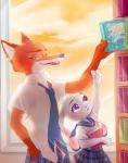 anthro book clothing duo female fur green_eyes grey_body grey_fur long_ears male orange_body orange_fur purple_eyes school_uniform size_difference uniform weketa disney zootopia judy_hopps nick_wilde canid canine fox lagomorph leporid mammal rabbit red_fox true_fox 2016