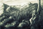 ambiguous_gender anthro forest in_tree landscape mountain outside plant sitting sitting_in_tree slim solo tree dirtypaperjoe reptile scalie snake 2025 absurd_res hi_res huge_filesize monochrome traditional_media_(artwork)