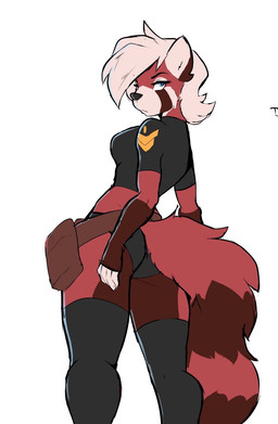 anthro biped black_clothing black_legwear black_nose blue_eyes breasts clothing crop_top female fingerless_(marking) fluffy fluffy_tail fur gloves_(marking) grumpy hair legwear looking_at_viewer looking_back markings medium_breasts midriff rear_view red_body red_fur ring_(marking) ringed_tail shirt simple_background solo standing striped_markings striped_tail stripes tail tail_markings thigh_highs topwear white_background white_body white_fur white_hair inu-sama lucelia_tress_(inu-sama) ailurid mammal red_panda 2019 digital_media_(artwork) hi_res