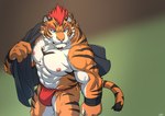 abs anthro asian_clothing biceps black_clothing black_topwear blue_eyes brown_background chest_markings clothing countershade_torso countershading deltoids east_asian_clothing facial_hair fundoshi fur goatee gradient_background green_background hair japanese_clothing male markings muscular muscular_anthro muscular_male nipples orange_body orange_fur pecs red_clothing red_fundoshi red_hair red_underwear simple_background solo striped_body striped_fur stripes topwear underwear undressing white_body white_countershading white_fur wraps wrist_wraps en_gawein felid mammal pantherine tiger 2024 hi_res