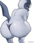 absol anthro anthrofied big_butt breasts butt canid clothed clothing crouching female fur gatotorii generation_3_pokemon hair hi_res looking_at_viewer looking_back looking_back_at_viewer mammal nintendo pokemon pokemon_(species) pokemorph red_eyes solo text thick_thighs thong topless underwear url wide_hips