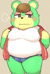 anthro asian_clothing belly blush bottomwear breasts buruma camel_toe clothed clothing east_asian_clothing female fur green_body green_fur half-closed_eyes japanese_clothing narrowed_eyes overweight overweight_anthro overweight_female solo topwear tracksuit undressing worried yellow_body yellow_fur rantan_chan animal_crossing nintendo charlise_(animal_crossing) bear mammal ursine 2017 hi_res