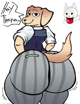 anthro big_butt black_eyebrows black_nose blue_clothing blue_topwear blue_vest bottomwear bubble_butt butt clothed clothed_anthro clothed_male clothing dialogue emanata exclamation_point eyebrows fur grey_bottomwear grey_clothing grey_pants huge_butt huge_thighs male mouth_closed pants pattern_bottomwear pattern_clothing pattern_pants rear_view shirt simple_background solo speech_bubble striped_bottomwear striped_clothing striped_pants stripes tan_body tan_fur text thick_thighs topwear vest white_background white_clothing white_shirt white_topwear lucaslora beastars jack_(beastars) bird_dog canid canine canis domestic_dog golden_retriever hunting_dog mammal retriever 2026 digital_drawing_(artwork) digital_media_(artwork) english_description english_text hi_res