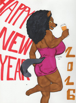 anthro big_breasts black_hair black_tail breasts brown_body clothing container cup dress eyelashes female glass glass_container glass_cup hair holding_glass holding_object looking_at_viewer looking_back looking_back_at_viewer pink_clothing pink_dress solo tail yellow_eyes dreadwolfclaw1990 new_year_2026 carmilla_gonzalez beaver mammal rodent hi_res