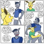 1:1 anthro anthrofied blonde_hair blue_bottomwear blue_clothing blue_hair blue_jeans blue_pants blue_shirt blue_t-shirt blue_topwear blush bottomwear briefs bulge butt_slap clothed clothing comic denim denim_bottomwear denim_clothing dialogue duo eeveelution embarrassed english_text fully_clothed fur furgonomics fuze generation_1_pokemon green_clothing green_shirt green_t-shirt green_topwear grey_body grey_scales hair hi_res horn jeans jolteon male male/male multicolored_clothing multicolored_shirt multicolored_t-shirt multicolored_topwear nintendo open_mouth pants pantsless pokemon pokemon_(species) rhydon scales shirt simple_background slap smile spanking t-shirt teeth_showing text tighty_whities tongue_showing topwear trent_(fuze) two_tone_clothing two_tone_shirt two_tone_t-shirt two_tone_topwear underwear white_background white_briefs white_clothing white_underwear yellow_body yellow_fur