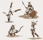 anthro axe bow_(weapon) crouching ear_piercing ear_ring female group hiros_(spectronic) male melee_weapon piercing polearm ranged_weapon ring_piercing shield sitting spear standing_on_one_hand stretching weapon spectronic mira_(spectronic) felid feline lynx mammal hi_res