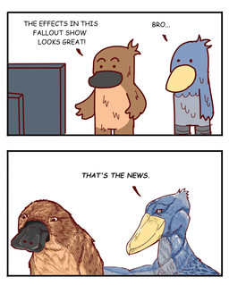 2_panel_comic anthro beak black_beak blue_body blue_feathers brown_body brown_fur detailed_feathers detailed_fur dialogue dot_eyes electronics feathers feet fur grey_body grey_eyes grey_feathers hand_on_another's_back male male_anthro simple_background simple_eyes solid_circle_eyes talons television text the_truth toes white_background yellow_beak rinkajimon avian bird mammal monotreme pelecaniform platypus shoebill comic detailed english_text hi_res
