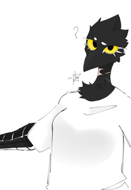 anthro beak black_beak black_body black_fur black_scutes breasts chest_tuft circle_eyebrows clothing eyebrows eyelashes female fur glistening_scutes initials logo looking_at_viewer medium_breasts non-mammal_breasts pink_scar question_mark raised_eyebrow scar scuted_arms scutes shirt simple_background solo spread_arms topwear tuft white_background white_clothing white_eyebrows white_eyelashes white_eyeshadow white_shirt white_topwear yellow_eyes yellow_sclera jmaf33r raven_(jmaf33r) avian bird corvid corvus_(genus) oscine passerine raven artist_logo cel_shading digital_drawing_(artwork) digital_media_(artwork) half-length_portrait hi_res portrait shaded simple_shading