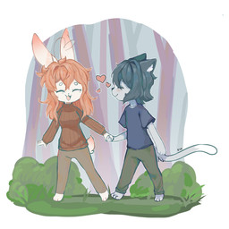 3_toes 4_fingers anthro barefoot biped black_nose blue_hair bottomwear breasts clothed clothed_anthro clothed_female clothed_male clothing duo eyes_closed feet female female_anthro fingers forest_background fur grass grey_body grey_fur hair hand_holding heart_symbol inner_ear_fluff looking_at_another male male_anthro open_mouth orange_hair pants paws plant shirt shrub simple_background small_breasts sweater t-shirt tail toes tongue topwear tree tuft walking white_body white_fur basilbxun domestic_cat felid feline felis lagomorph leporid mammal rabbit 1:1 digital_drawing_(artwork) digital_media_(artwork) hi_res shaded simple_shading