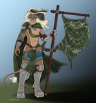 abs anthro armor banner barbarian battle_flag belly belt black_hair bodypaint bottomwear bracers brooch brown_body brown_fur brown_hair cape clothing countershade_face countershade_torso countershading dark_hair digitigrade eyebrows flowing_hair fur gradient_background greaves green_cape green_clothing hair highlights_(coloring) holding_object loincloth long_hair looking_at_viewer male melee_weapon mouth_closed navel pecs platinum_blonde platinum_blonde_hair platinum_hair pupils simple_background slit_pupils solo spaulder sword tail tail_tuft tan_belly tuft war_paint warpaint warrior weapon white_eyebrows wind_in_hair windswept_hair woad yellow_eyes keisha_makainn jaycen felid lion mammal pantherine 2019 digital_media_(artwork) full-length_portrait hi_res portrait shaded nonbinary_(lore)